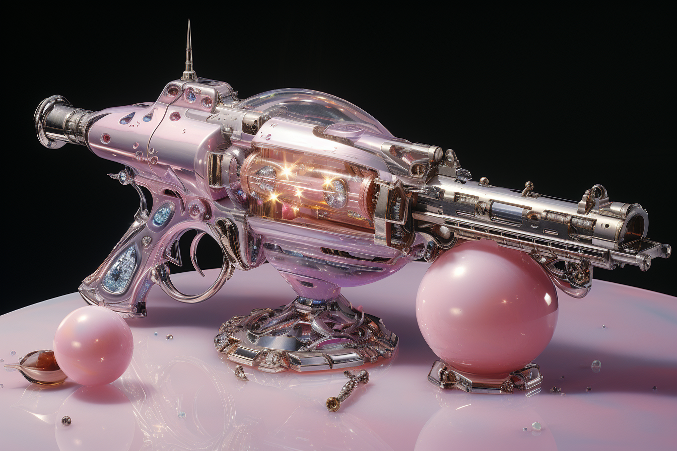 Futuristic weapon with rosary and diamonds on table