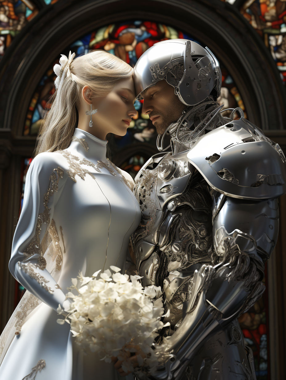 Intelligent man and human getting married in futuristic glamour