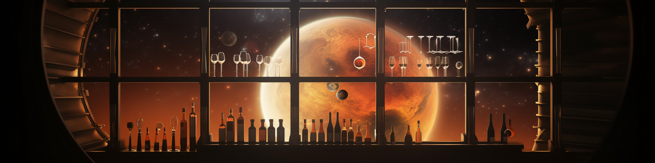 Futuristic wine cellar with window displaying planets and galaxies