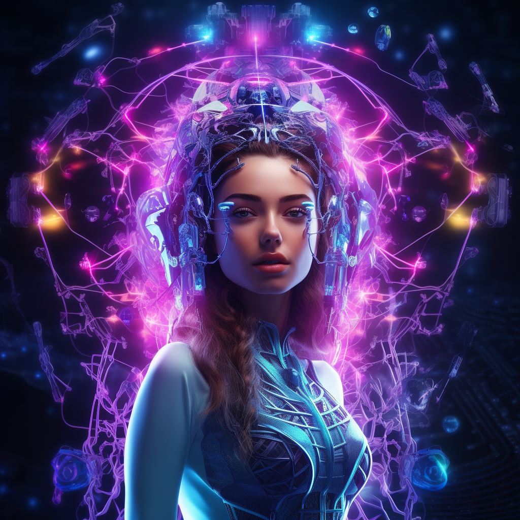 Futuristic woman with artificial humanoid brain in dynamic environment