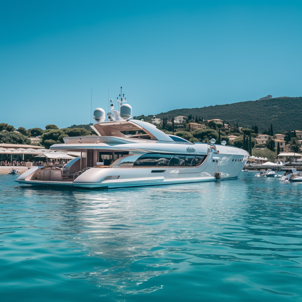 Futuristic wood yacht with pool on turquoise sea