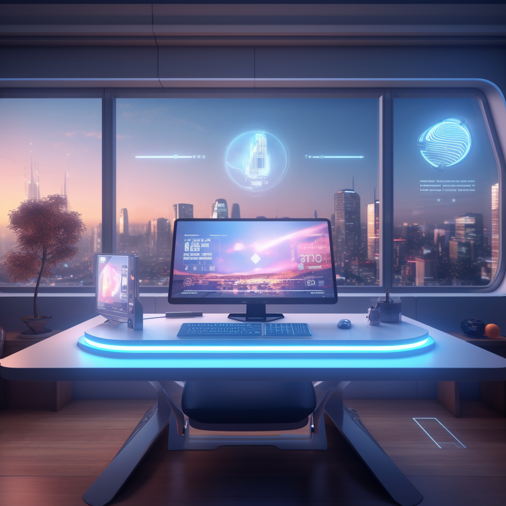 Futuristic workspace with computer screen showing progressbar