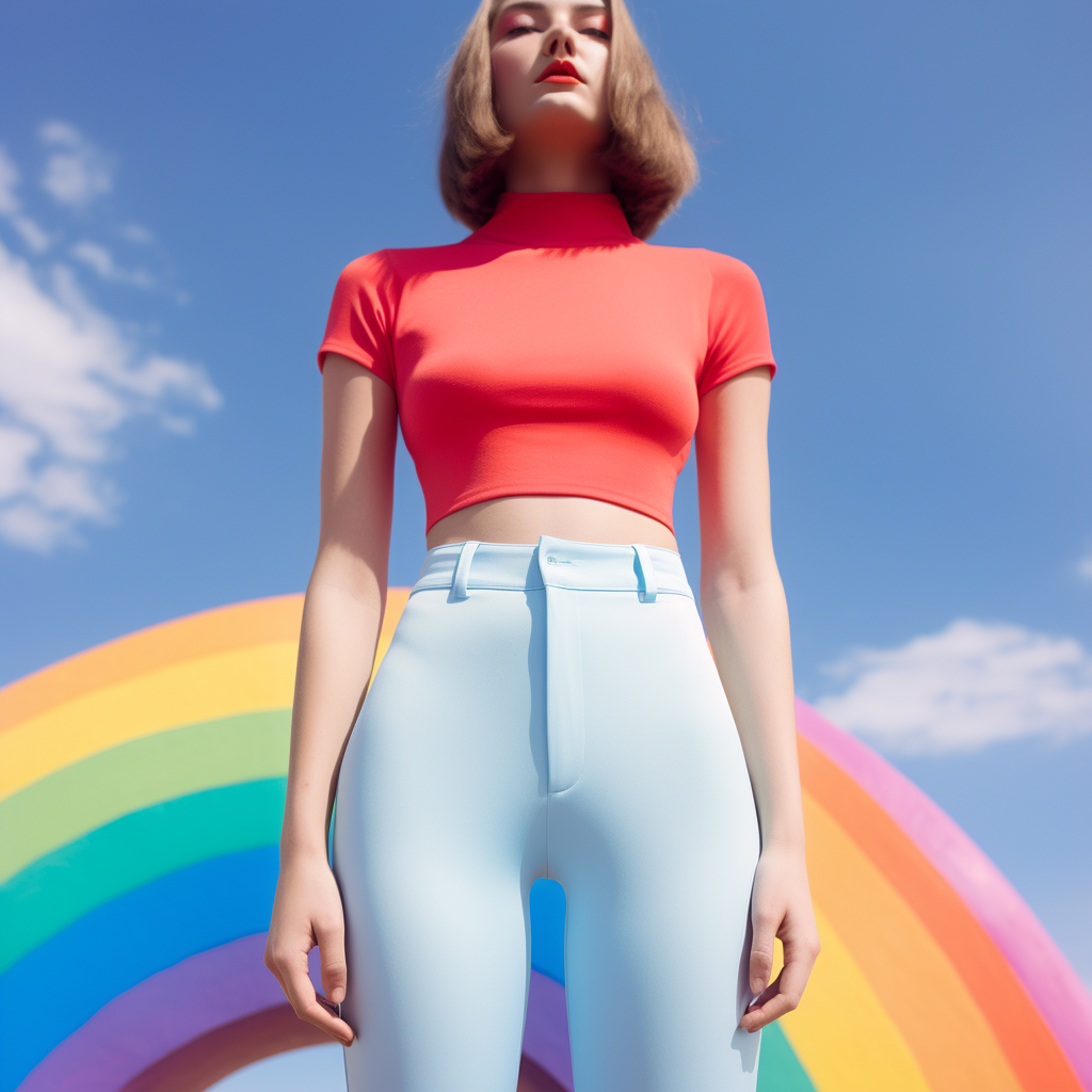 Colorful young woman wearing rainbow leggings and peapod logo t-shirt