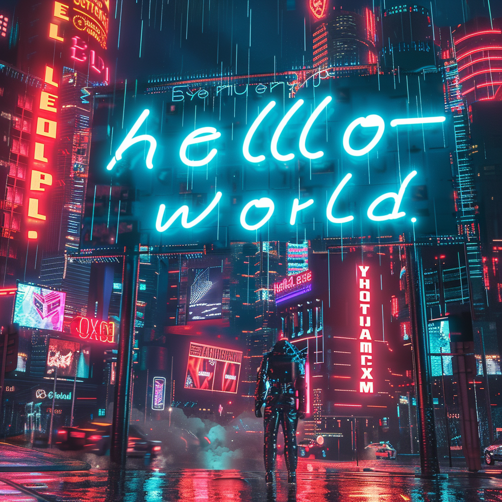 Person under hello_world.exe holographic sign