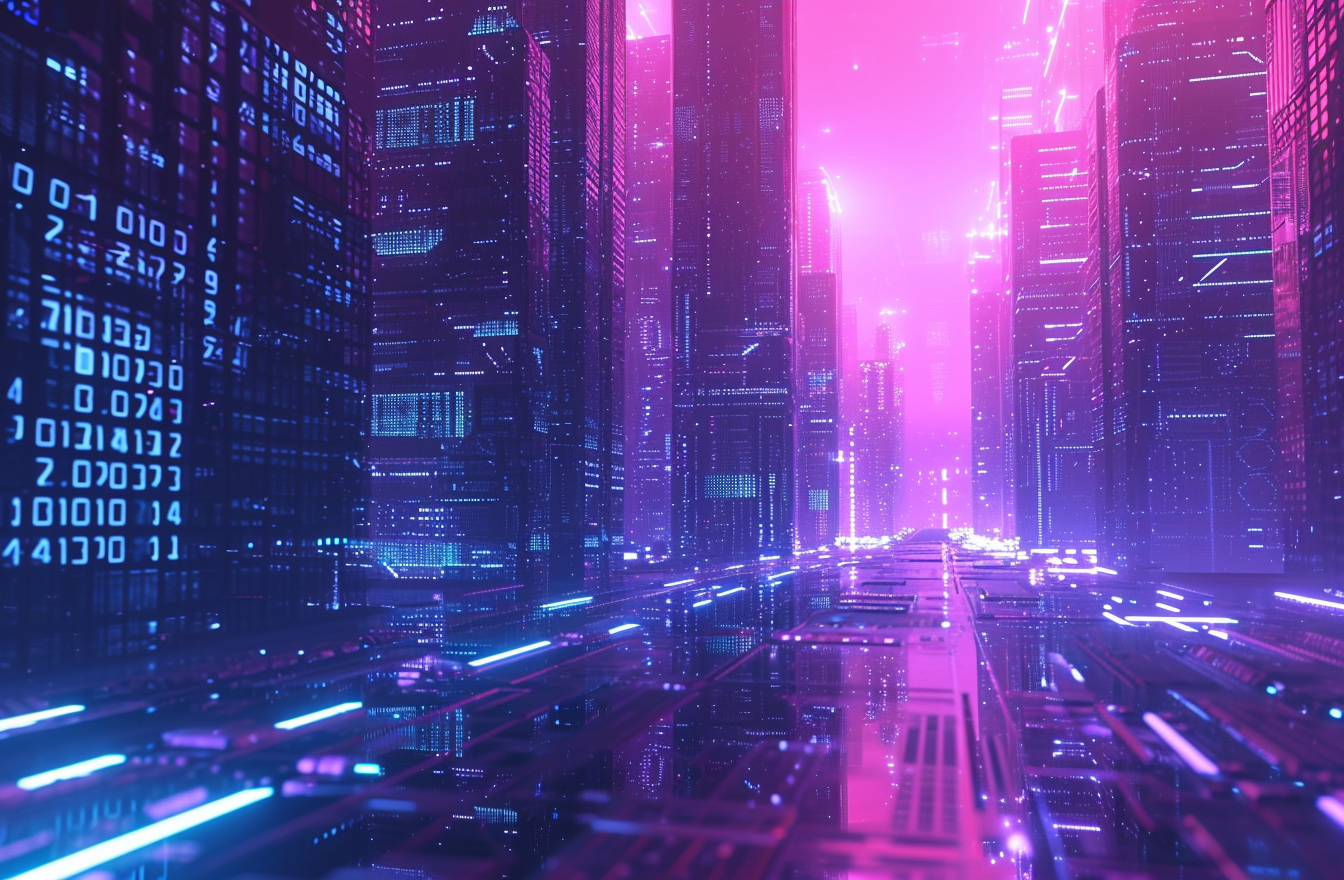 Futuristic 3D city with neon lights and computers