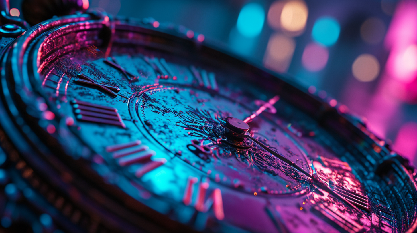 Futuristic steampunk-style analog clock on neon background