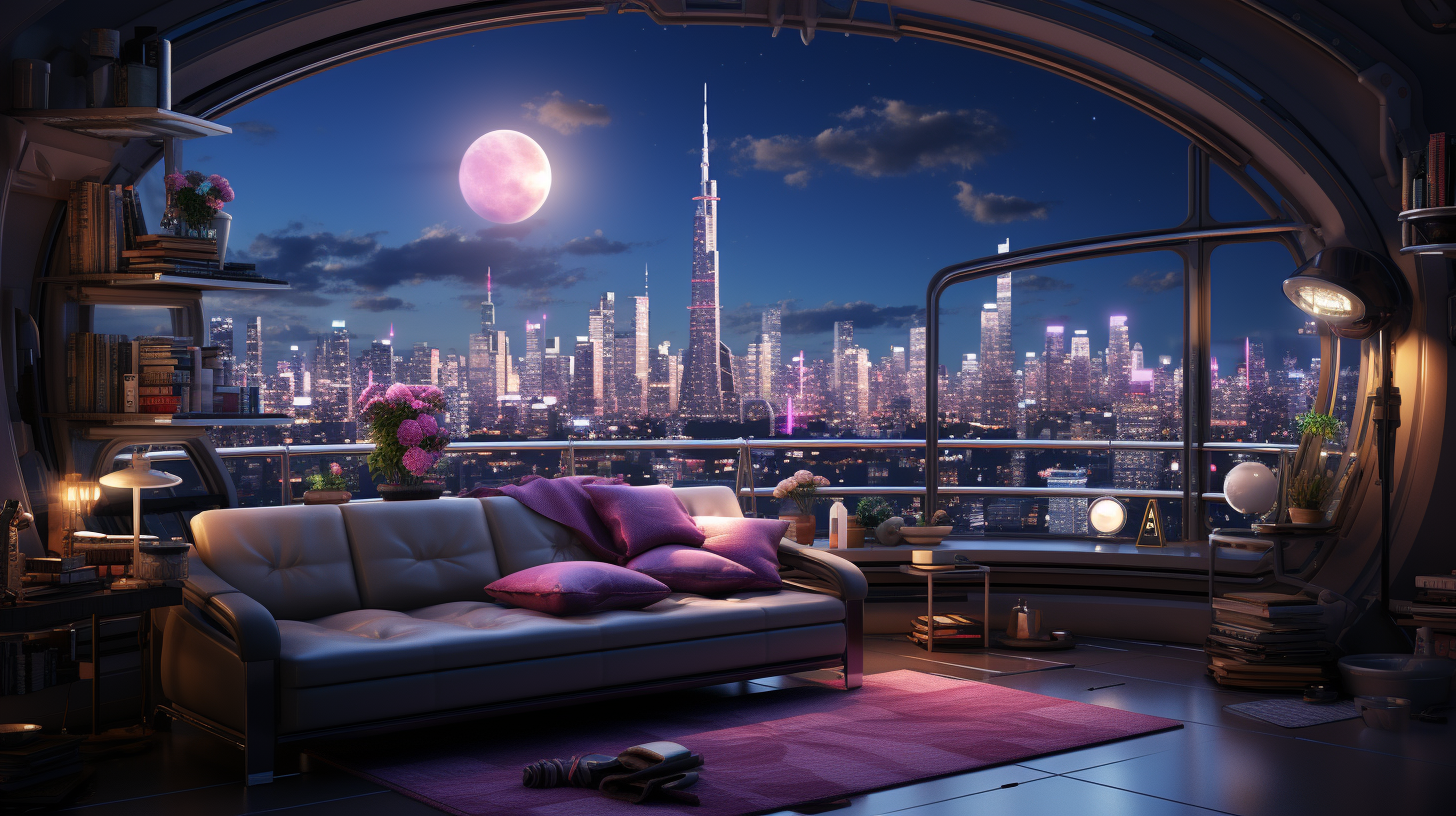 Futuristic apartment with cosmos, skyscrapers, and rain