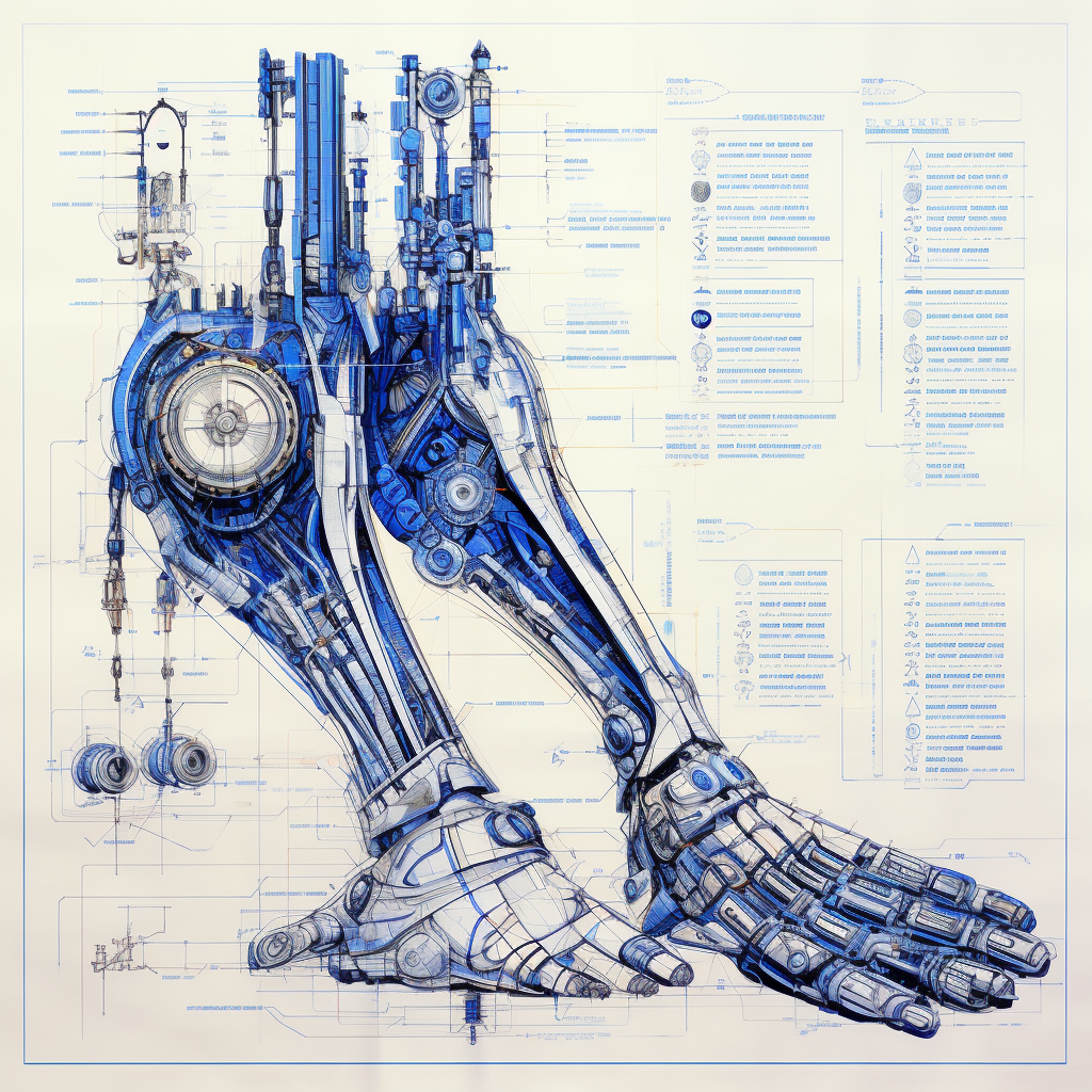 Futuristic architectural anatomical cyber foot diagram