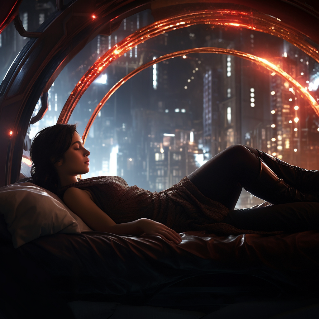 Woman lying on futuristic bed with arched back