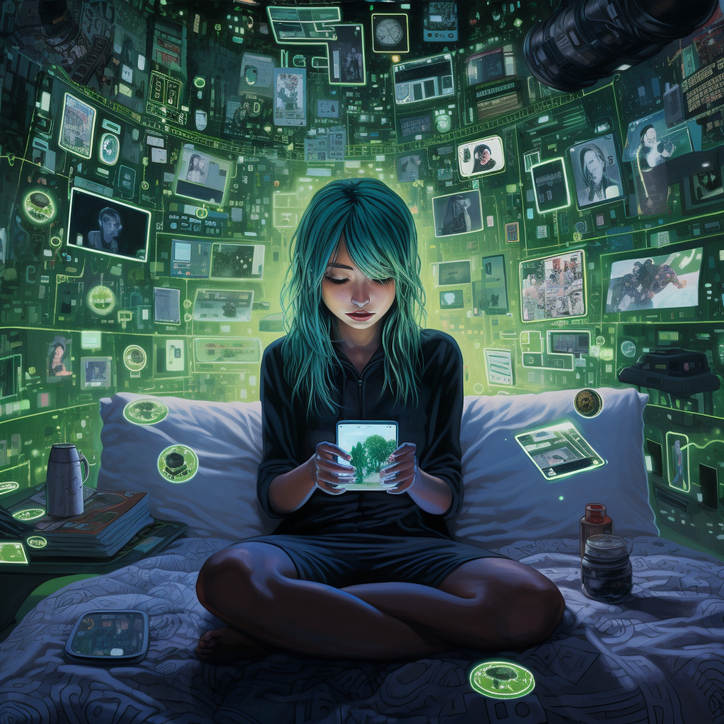 Futuristic bedroom with green-haired girl stretching