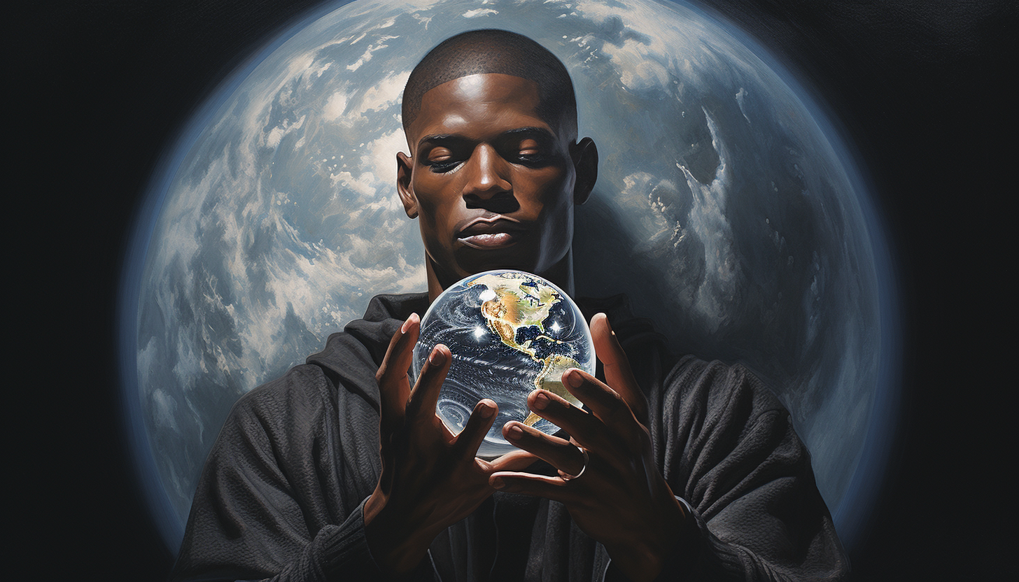 Futuristic being holding planet in oil painting style