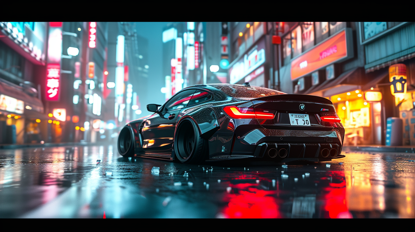 Futuristic black widebody sleek supercar in Tokyo city