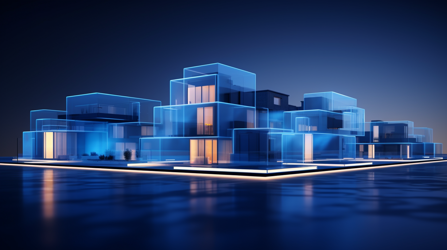 Futuristic box shape houses with blue lighting