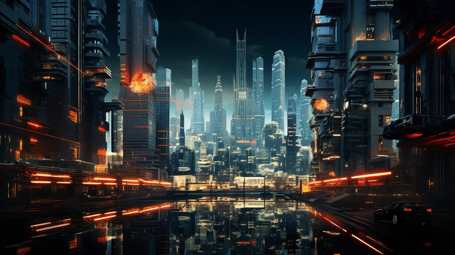 Detailed futuristic city with fluorescent lights