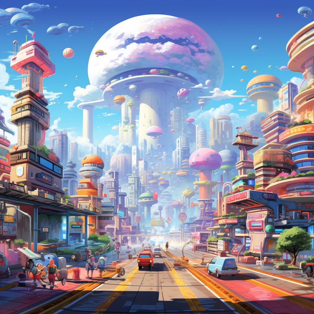 Futuristic city with Mario Kart characters