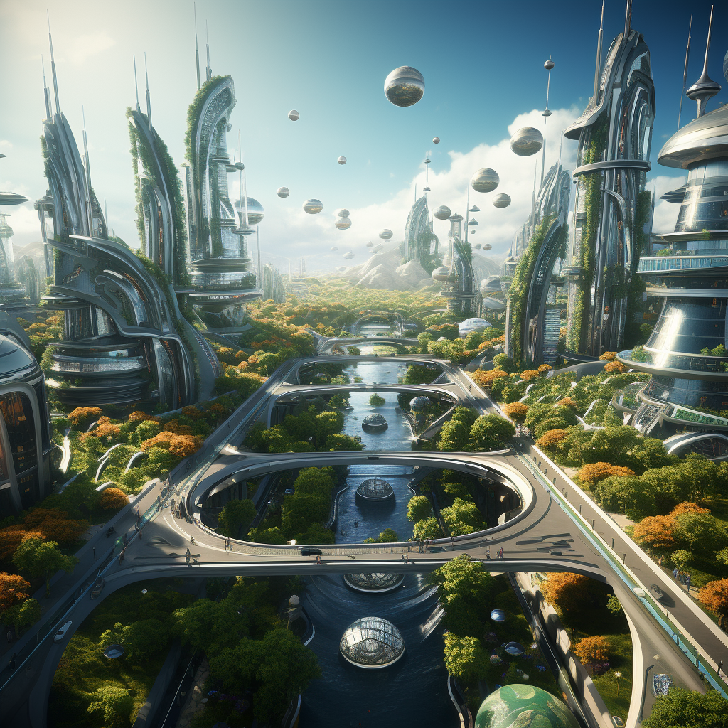 City with flying cars and futuristic buildings