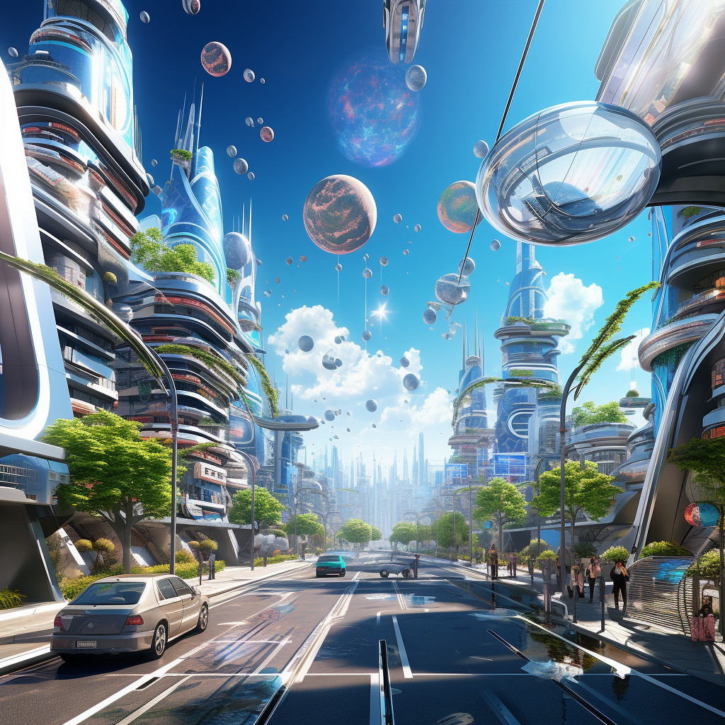 Futuristic city with flying cars