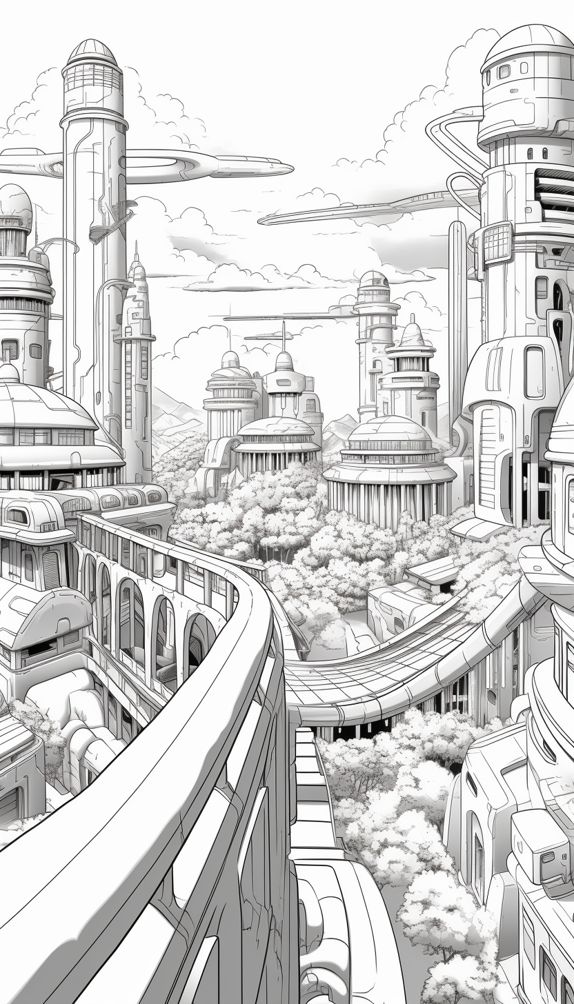 Grayscale coloring page of futuristic city