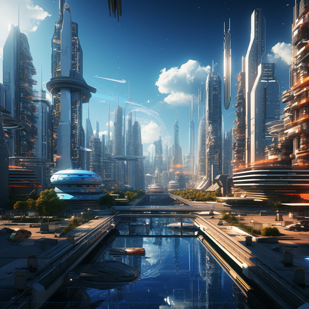 Futuristic city with digital mesh overlay