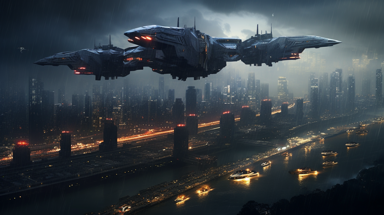 Blade Runner-like city at night with heavy aircar traffic