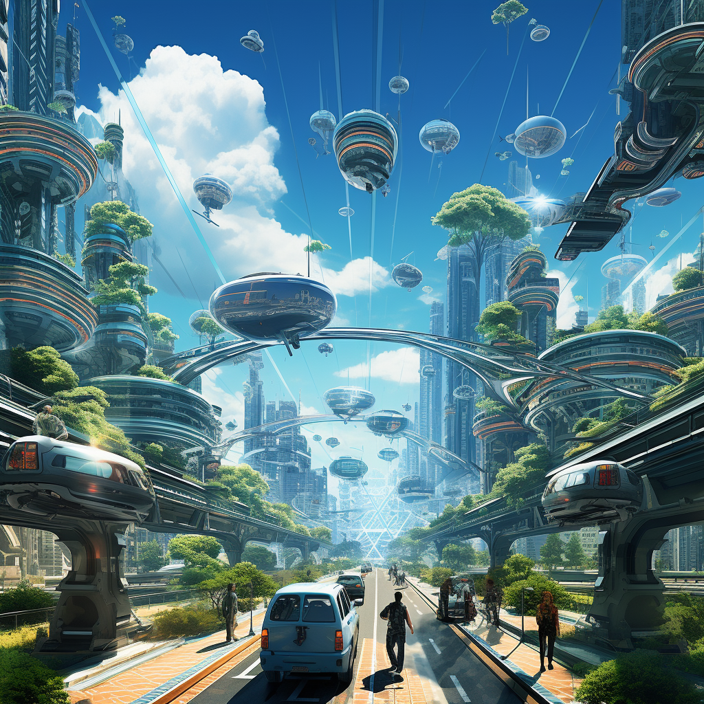 Futuristic city roads with flying cars