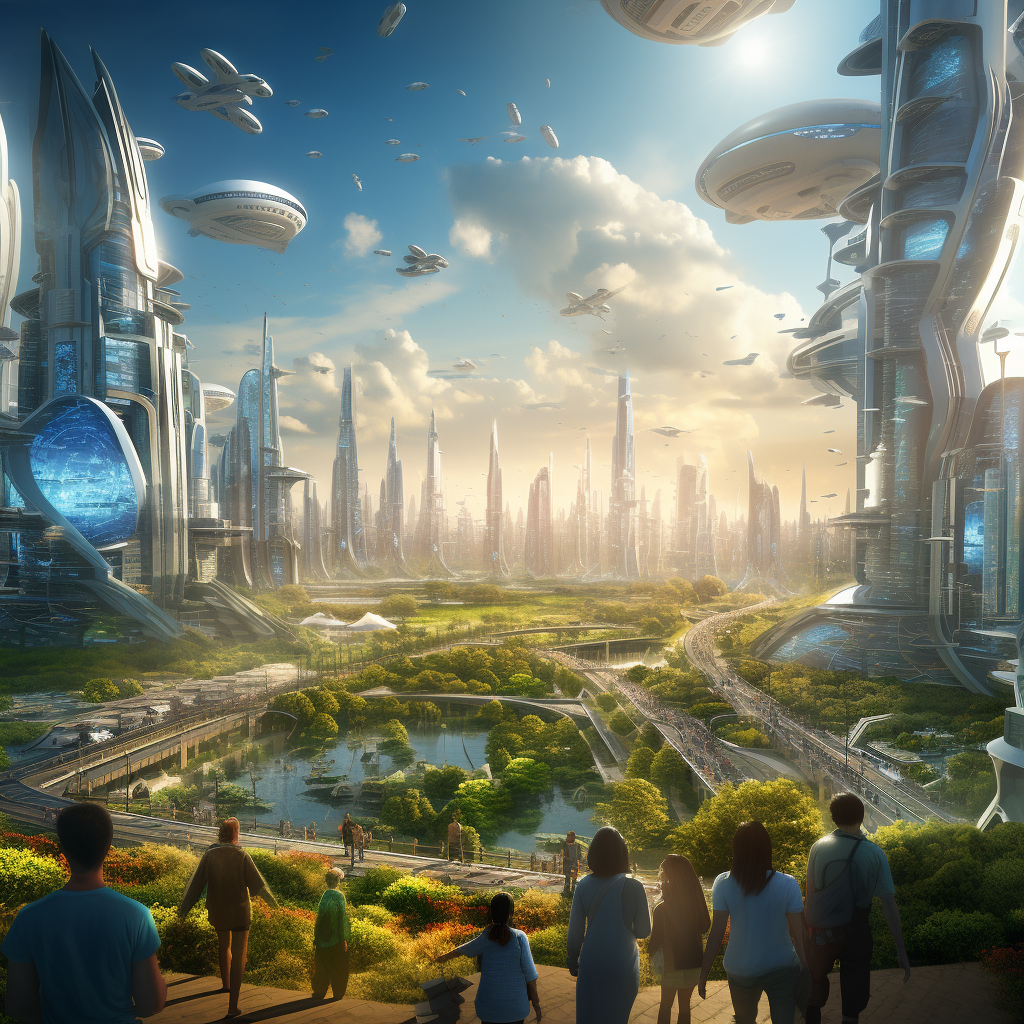 Illustration of futuristic city with AGI interaction