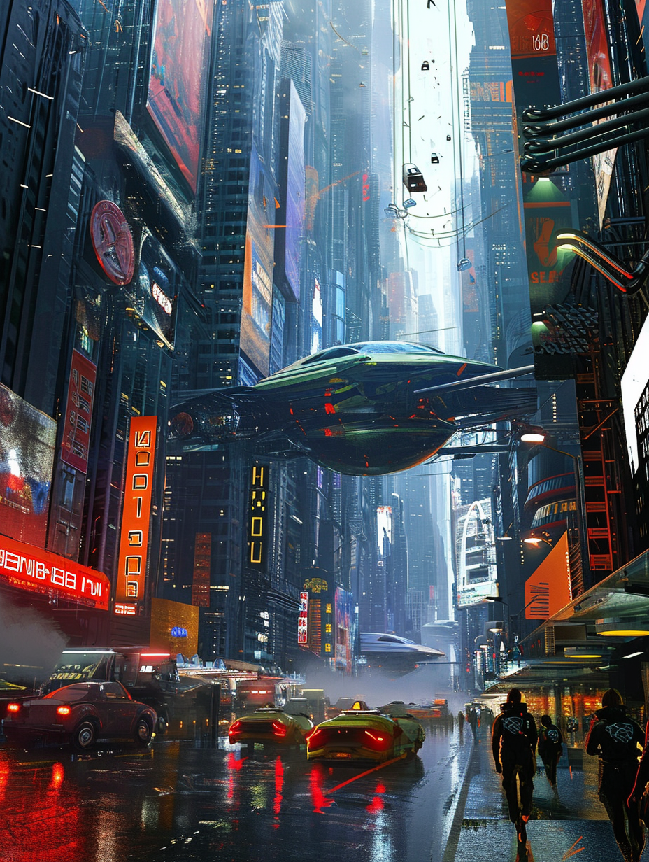 Futuristic city with skyscrapers, streets, and neon lights