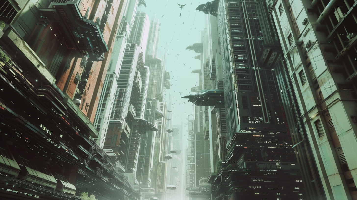 Futuristic city skyline with flying cars