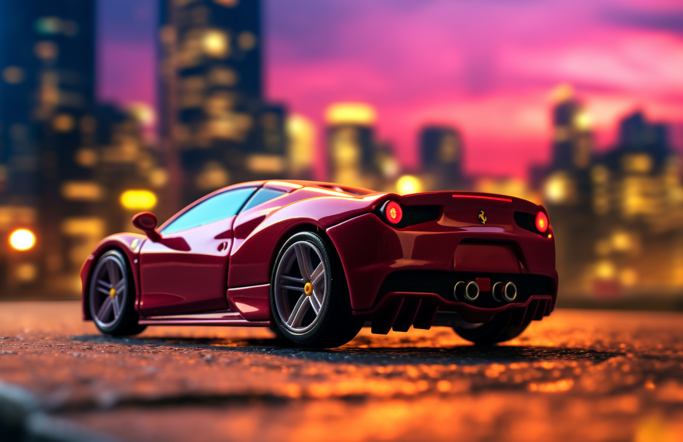 Toy Ferrari in Futuristic Cityscape