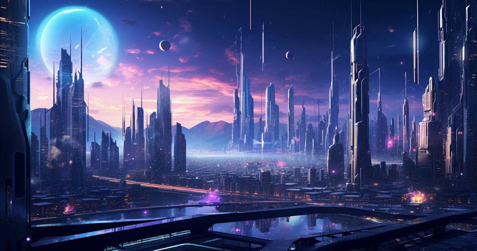 Futuristic cityscape with skyscrapers and flying vehicles