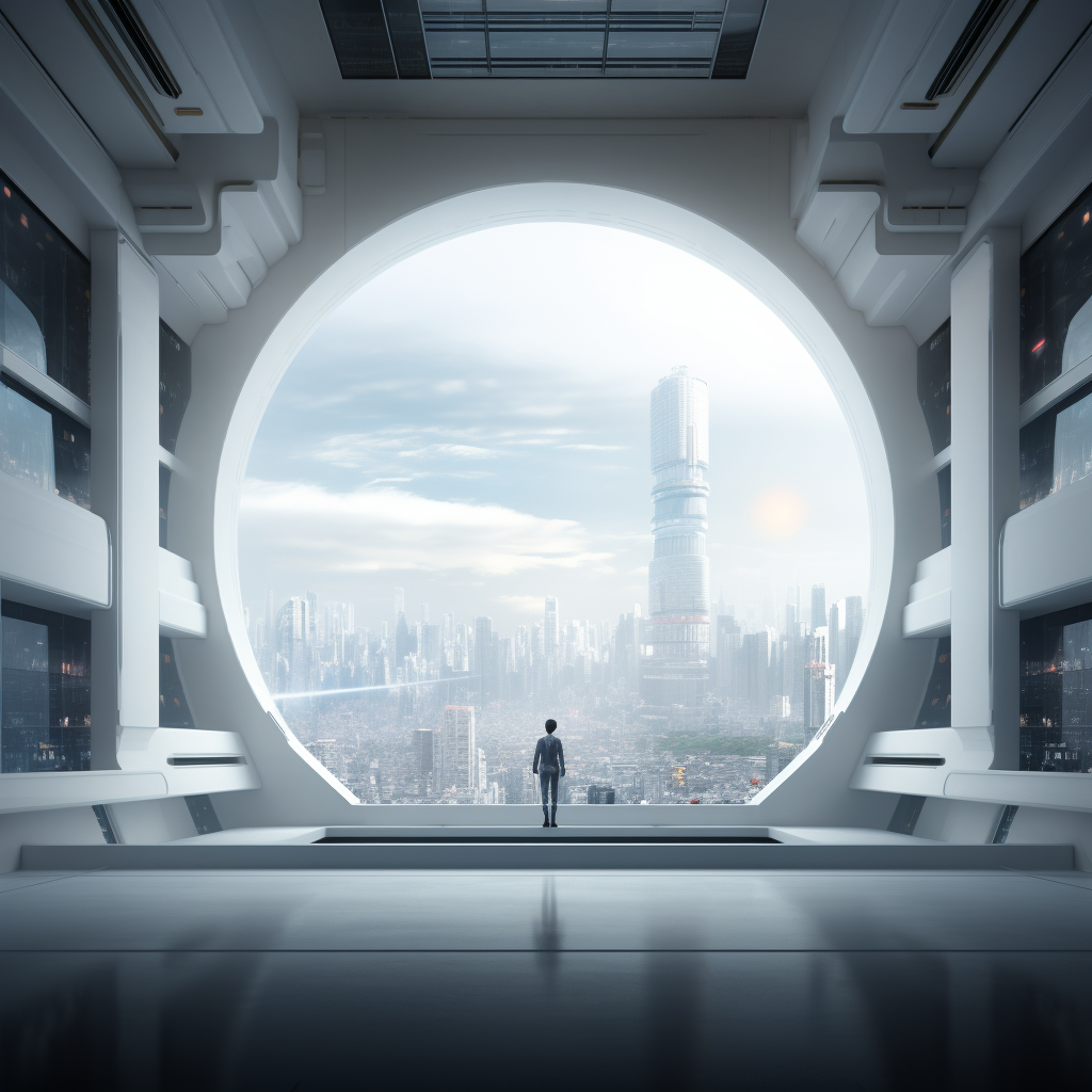 Futuristic cityscape view from white building