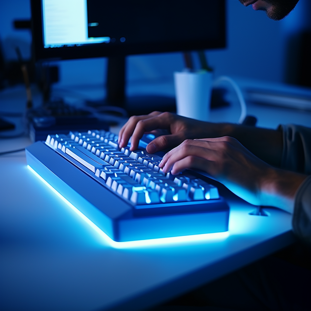 Futuristic cobalt blue robot typing on keyboard