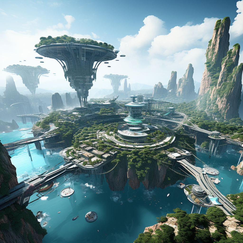 Futuristic combat city on floating island