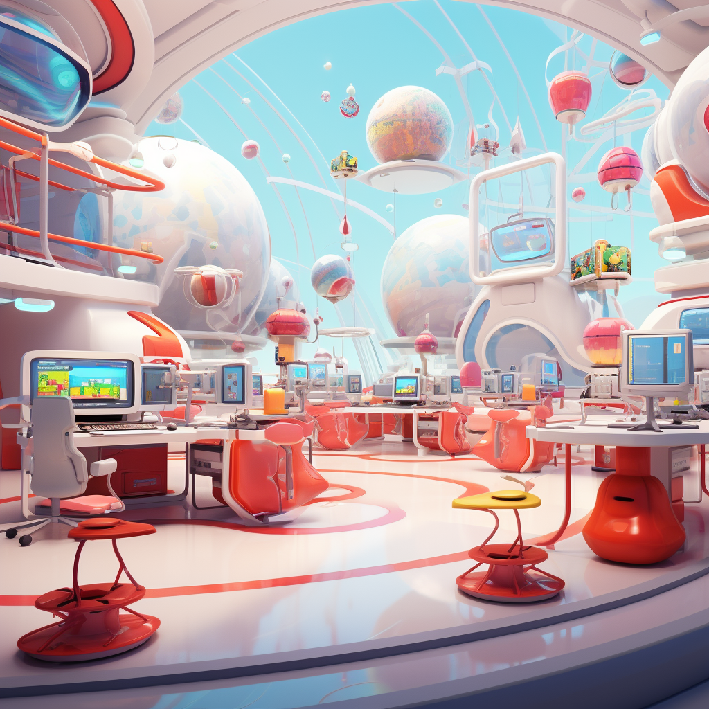 Futuristic computer science lab in Pixar cartoon style