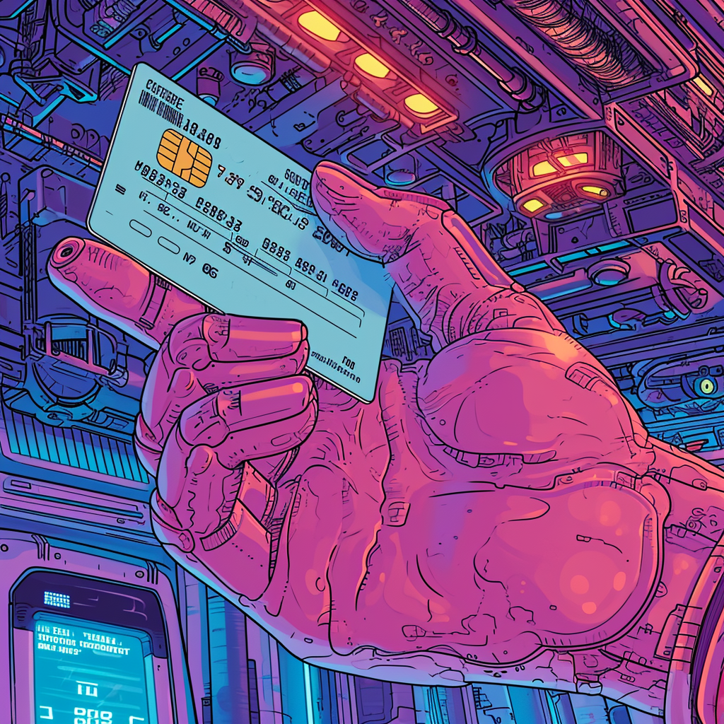 Hand holding futuristic credit card with note - purple vivid