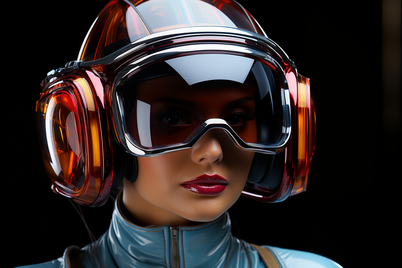 Futuristic woman with Darth Vader helmet and neon goggles