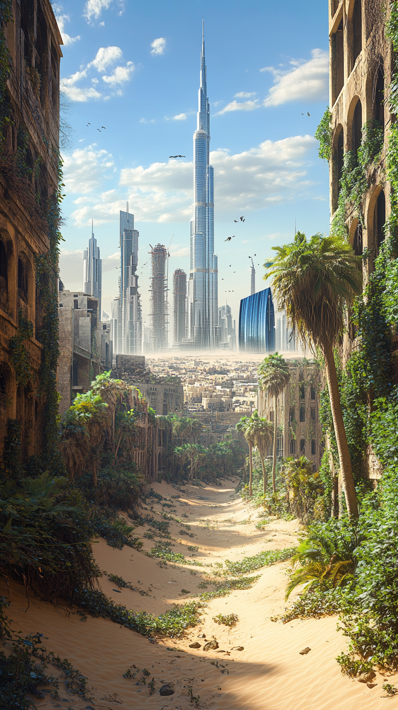 Desolate Dubai Cityscape Overgrown with Nature