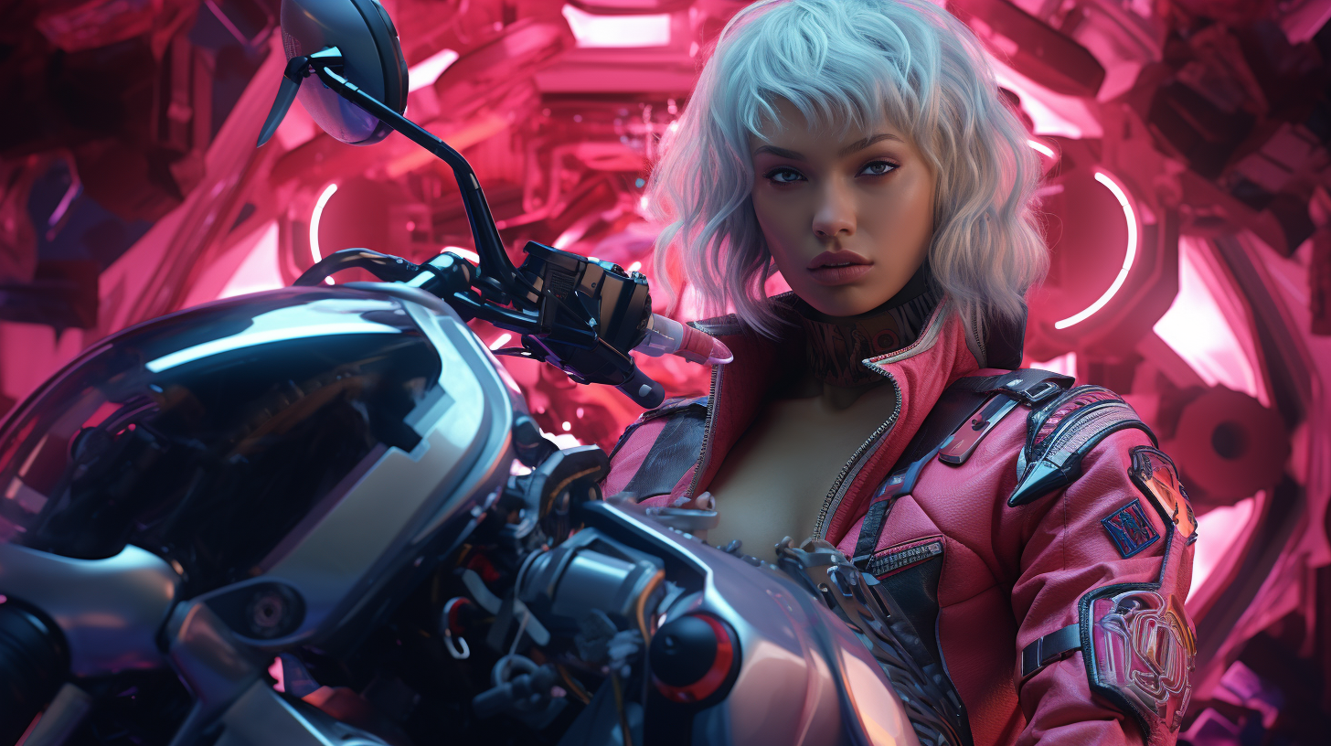 Female character riding a futuristic motorbike