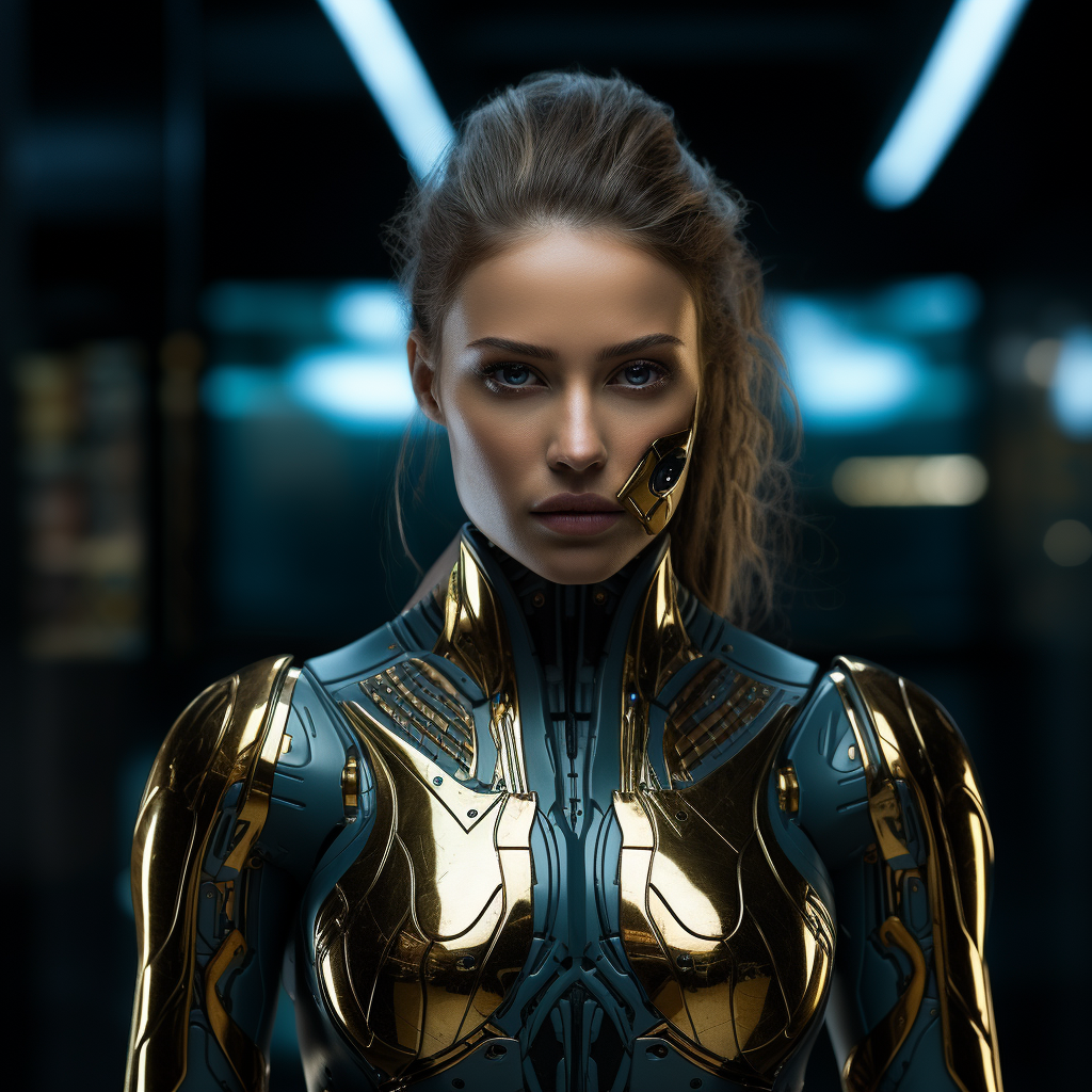 Futuristic Woman Portrayed in Black, Gold, and Blue