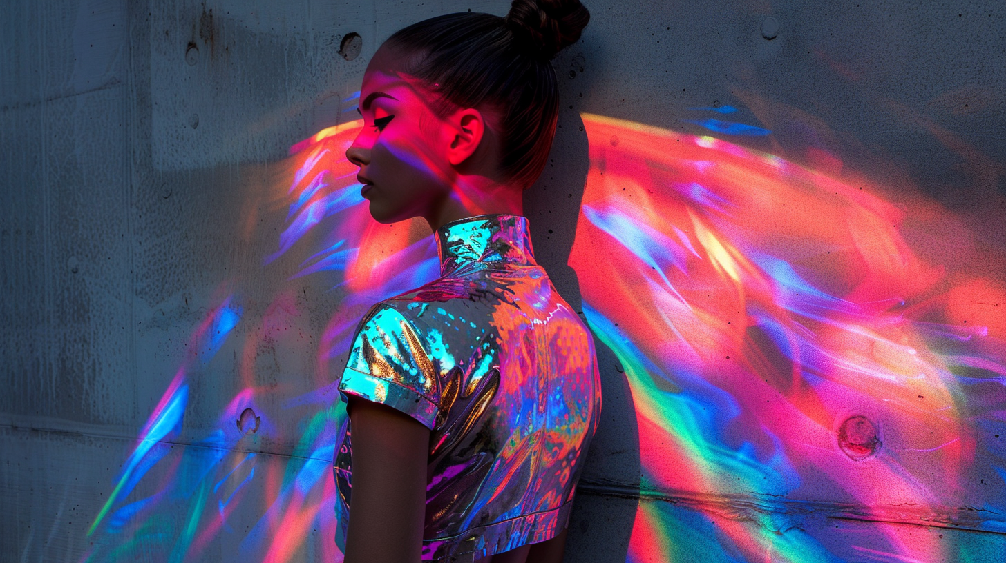 Girl in futuristic holographic fashion outfit