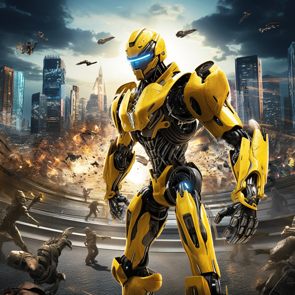 Yellow Robot in Futuristic Battle Scene