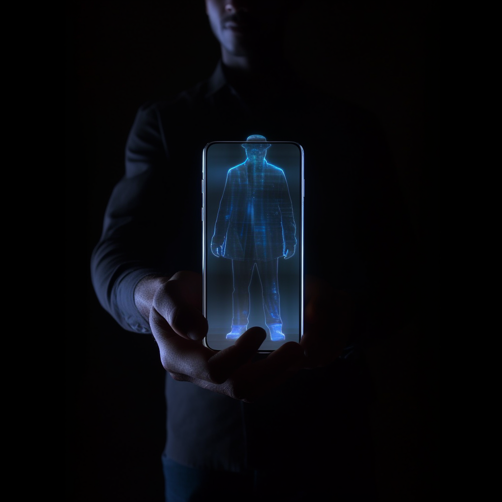 Translucent hologram of a man on a smartphone