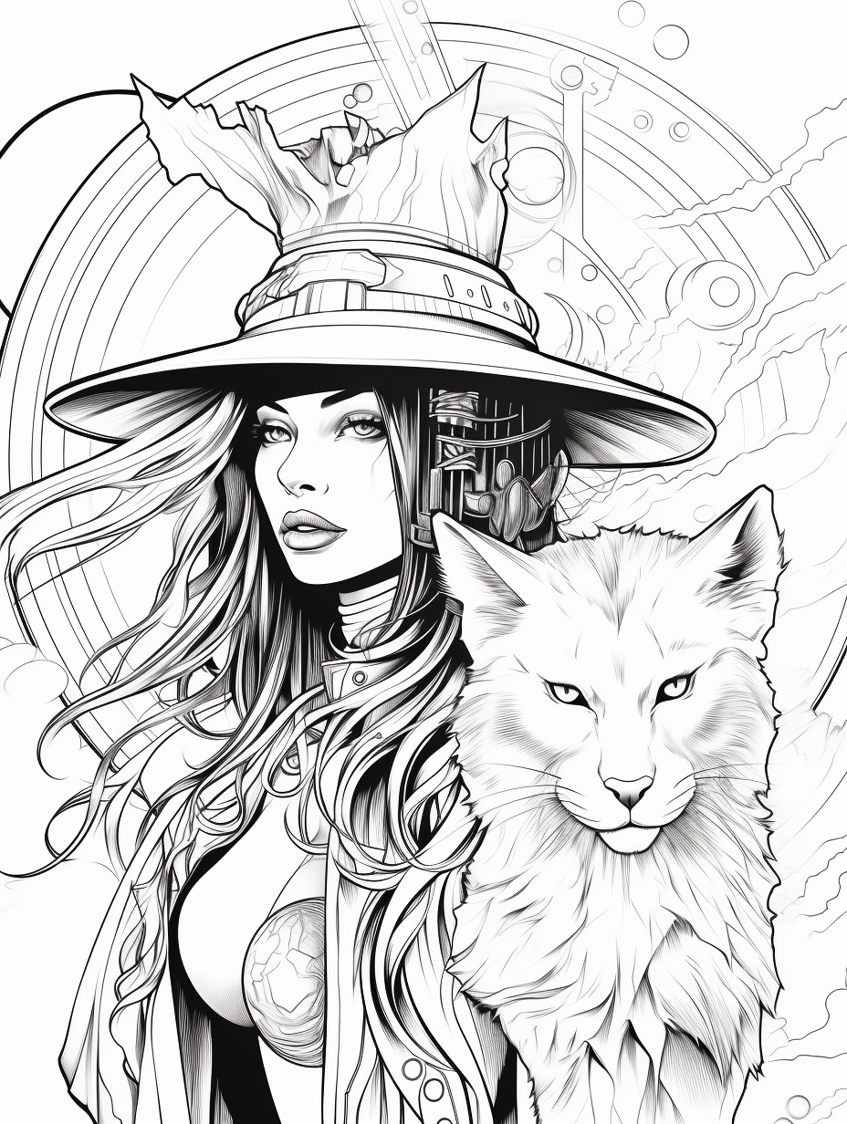 Futuristic Latina Witch with Black Cat Outline