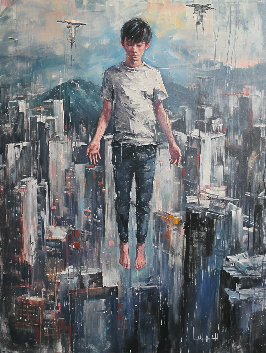 Young man soaring above futuristic city