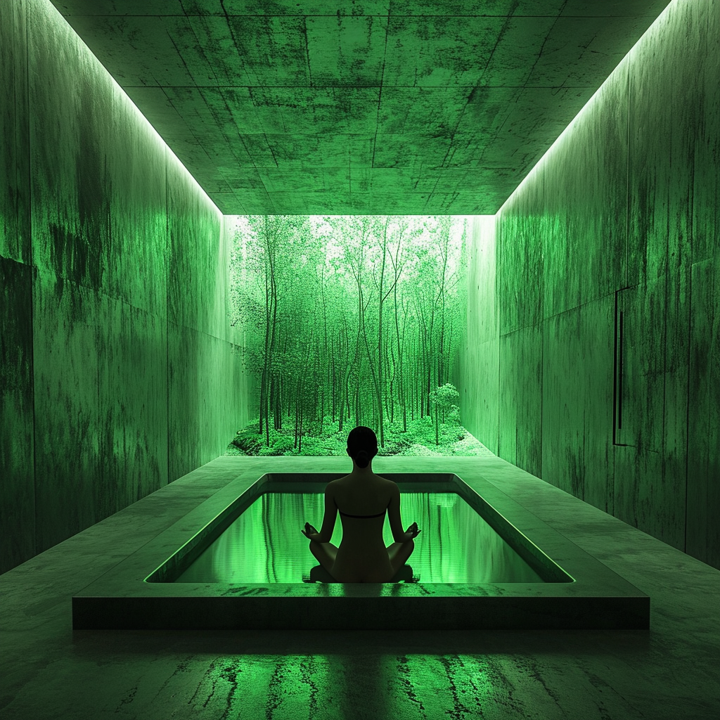 Woman meditating in a green lit room