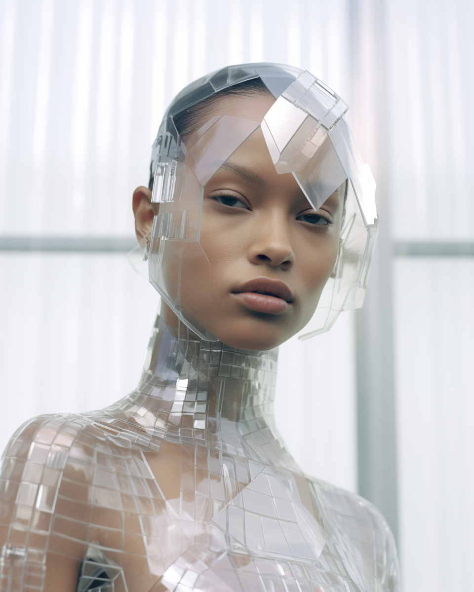 Beautiful futuristic model with mirror scales