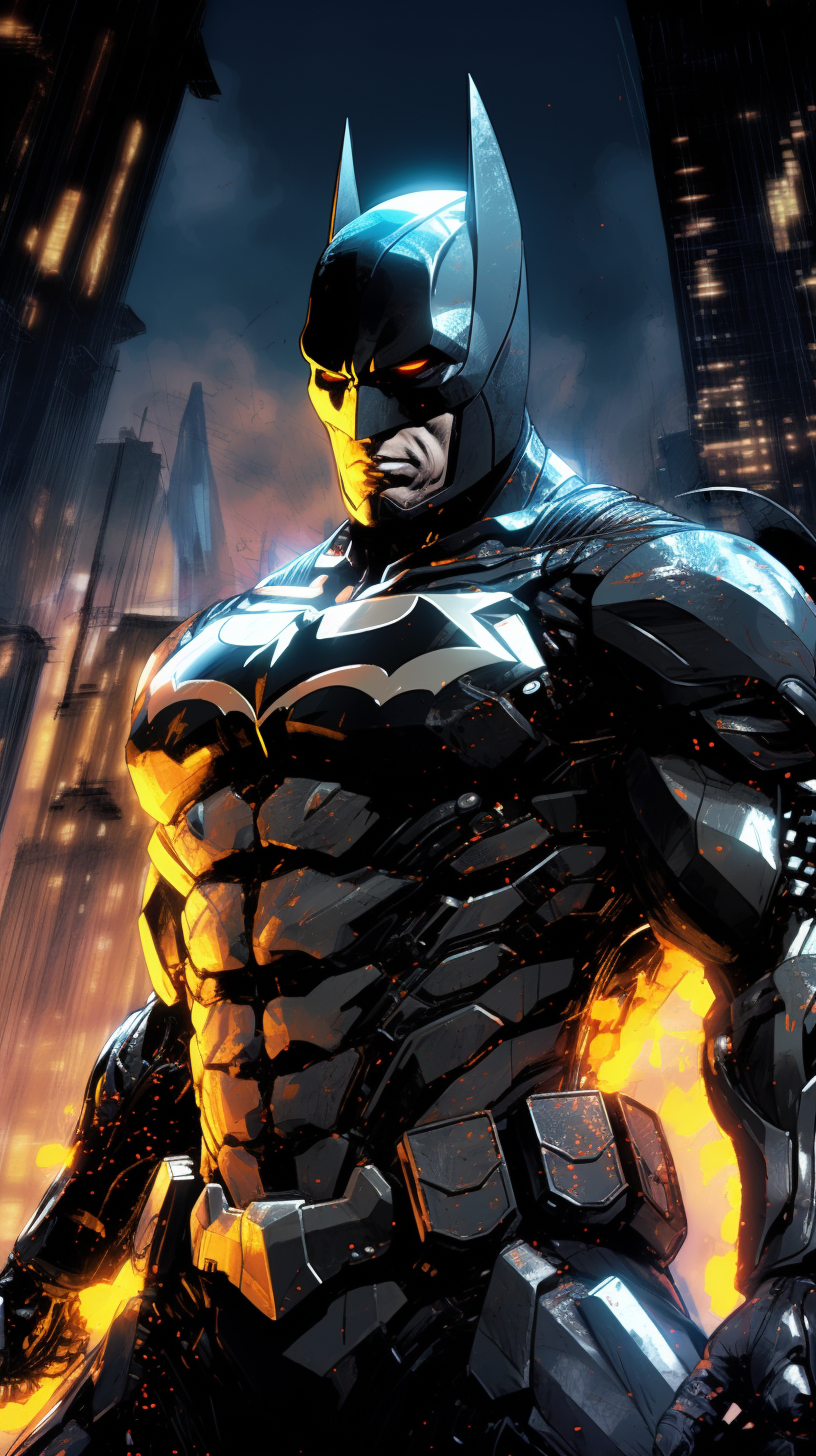 Armored Batman in Futuristic Gotham Cityscape