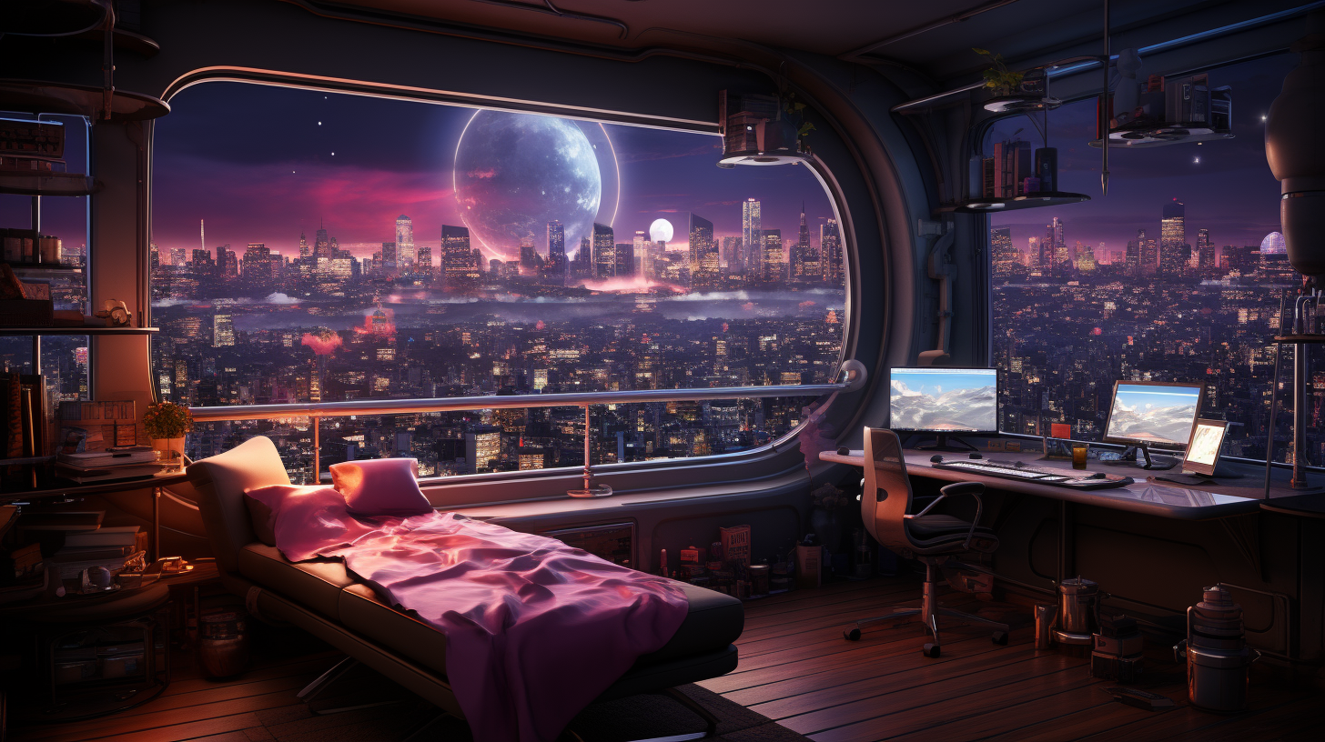 Rainy night view of futuristic neon-filled apartment