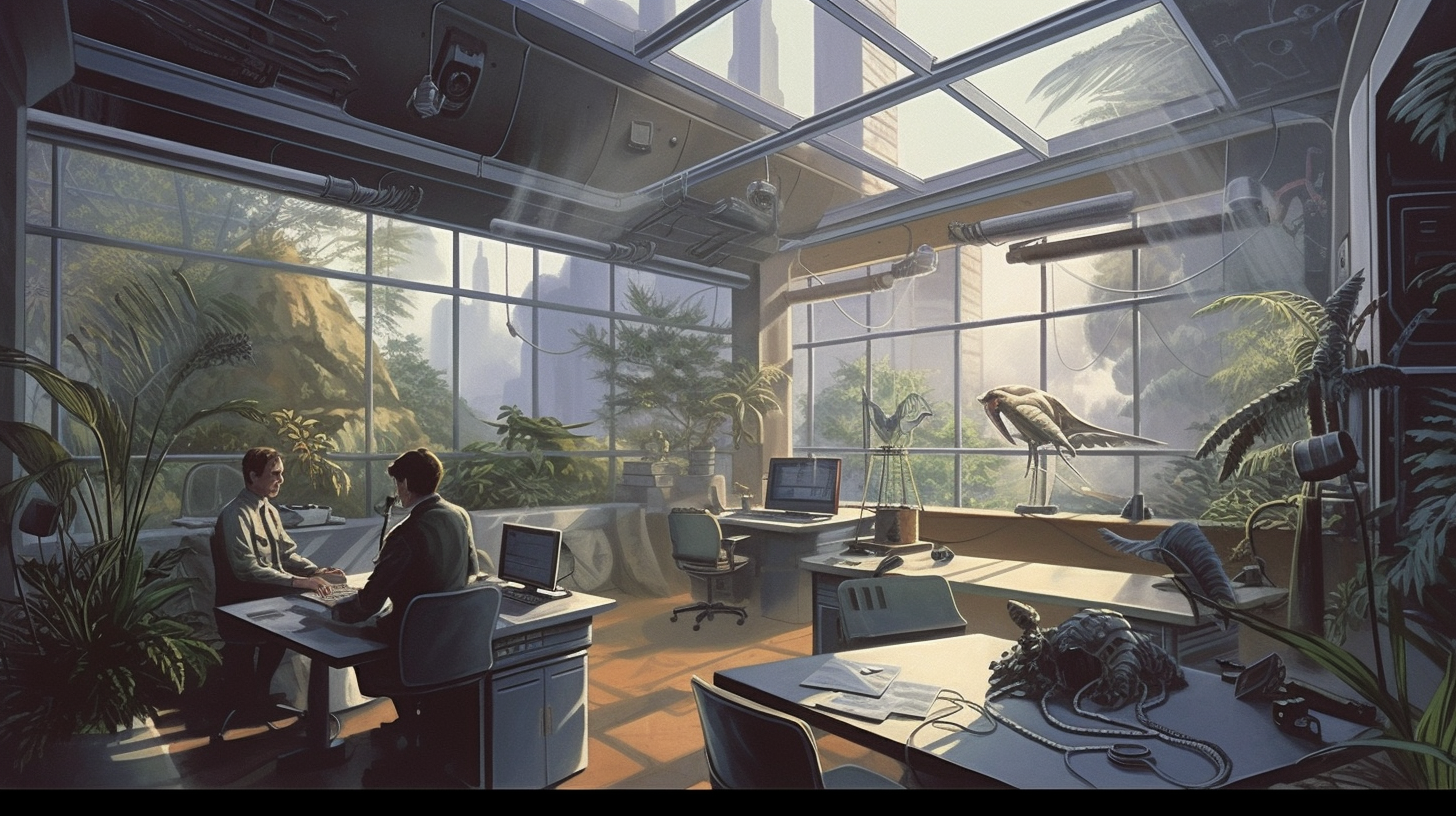 Futuristic office space with Jurassic Park in the background