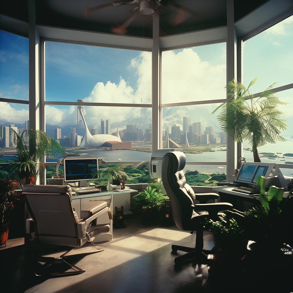 Futuristic office with Jurassic Park in background